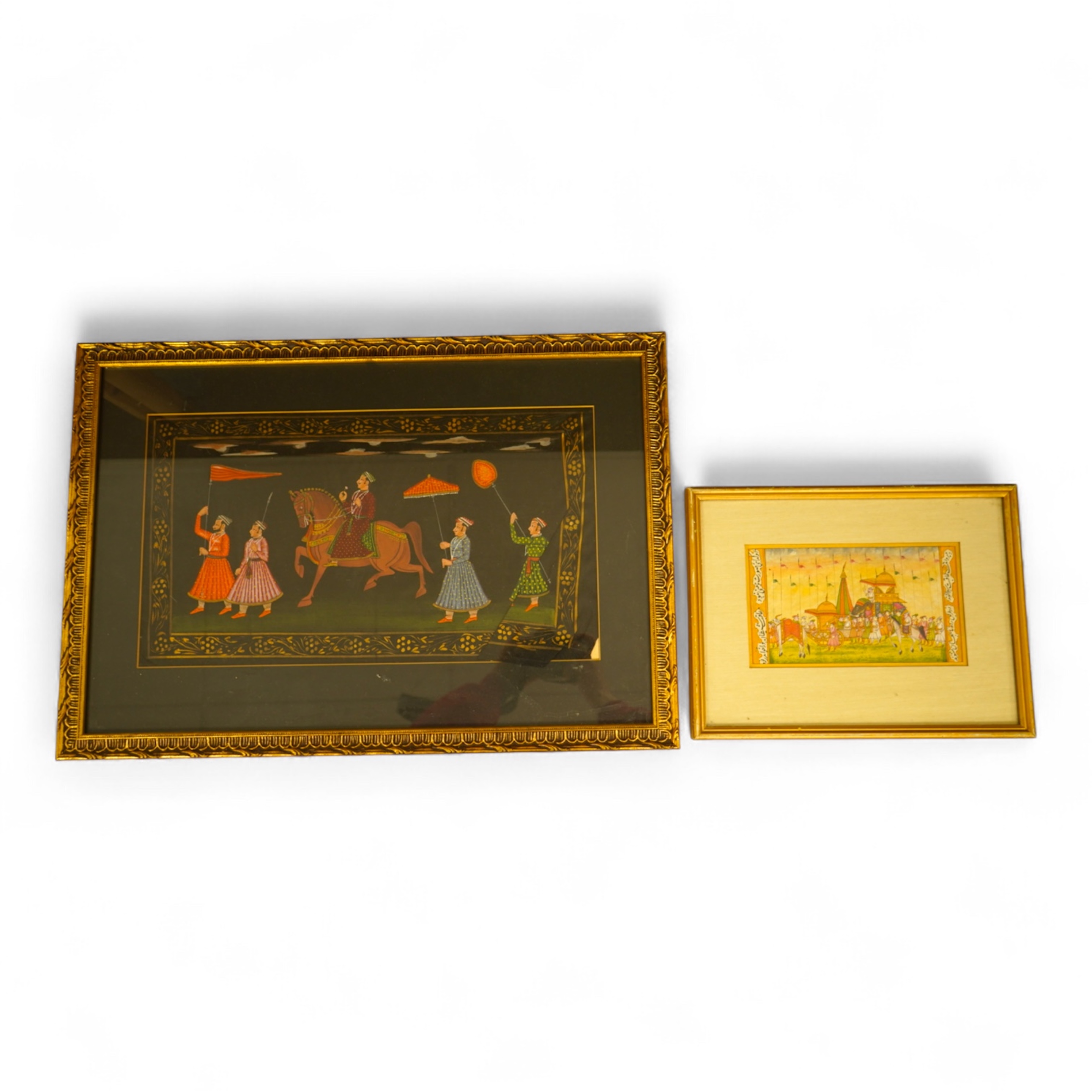 Indian Mughal style, Procession of figures, watercolour on fabric and a similar smaller work with calligraphy, largest 24 x 43cm